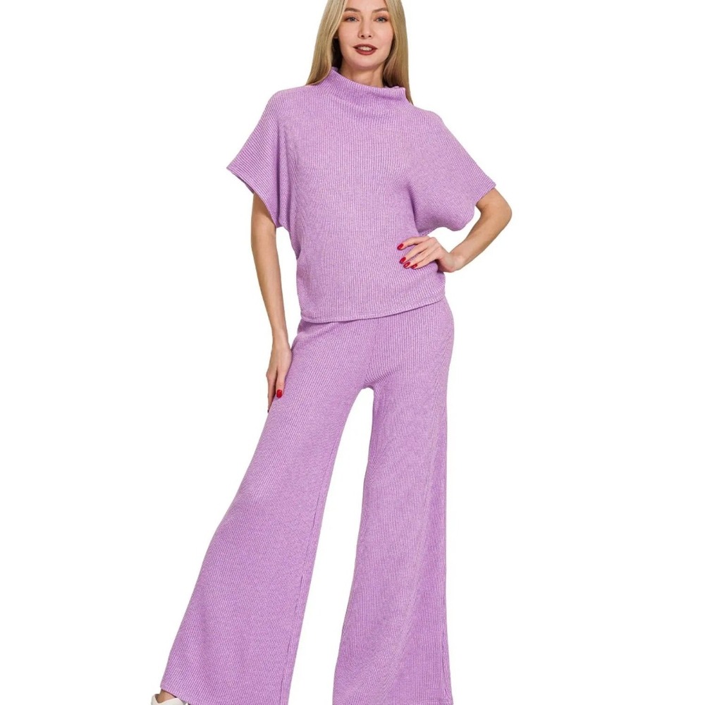 Zenana Womens Purple Waffle Knit 2 Piece Set Mock Neck Top Wide Leg Pants Small